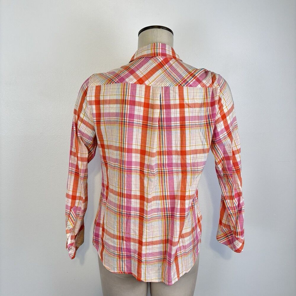 Talbots Cotton Rayon Button Front Shirt Womens Size MP Basket Plaid Orange White - Picture 3 of 7